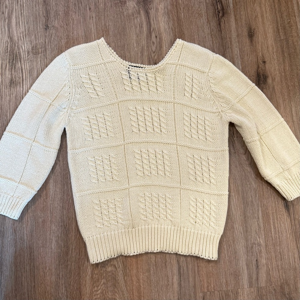 Vtg Cream Sweater Women L Hand Knitted 3/4 Sleeves Fisherman Preppy Cottagecore